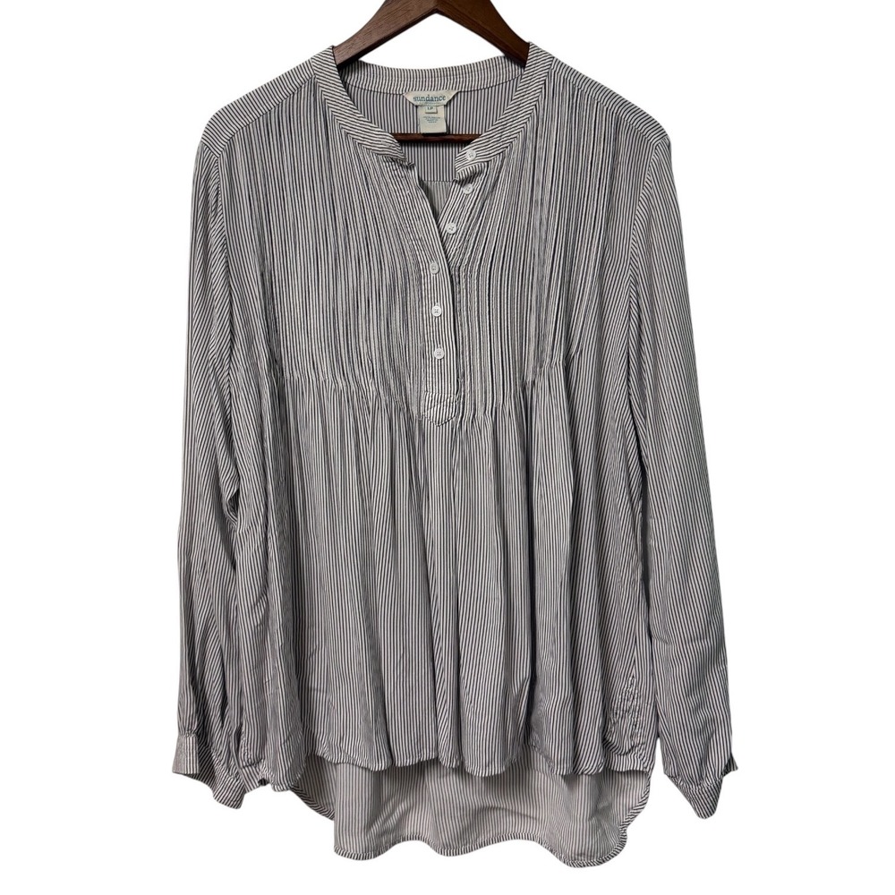 Sundance Tunic Top Women LP Blue White Pinstripe Henley Long Sleeve Rayon Boho